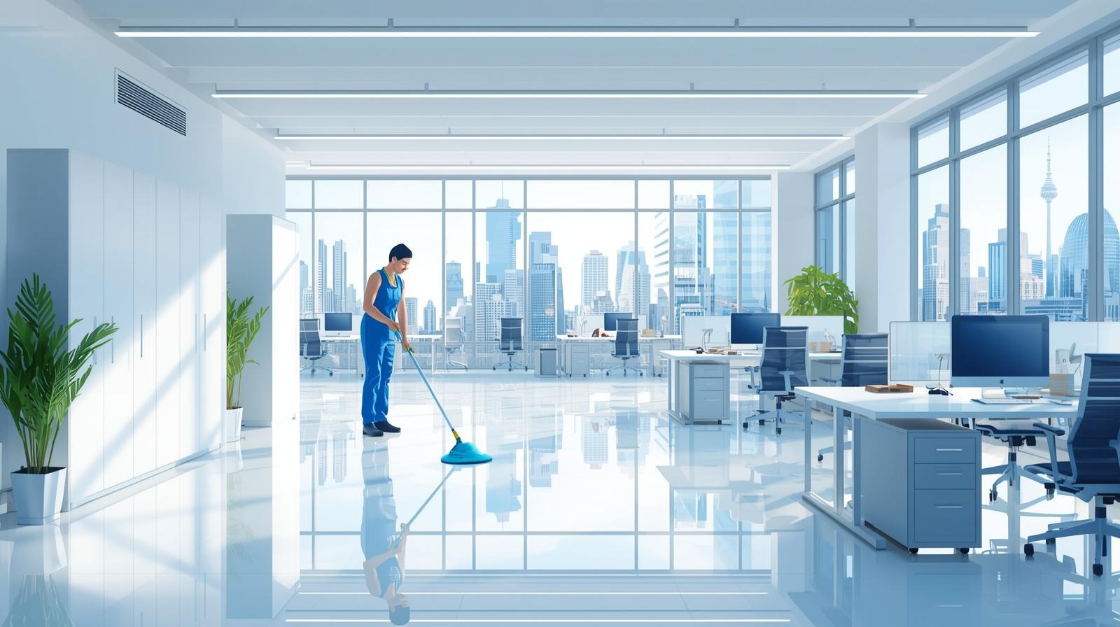 A professional cleaning service meticulously cleaning a modern office space in Berlin, showcasing a bright and tidy environment with organized workspaces and gleaming surfaces, digital art (2)
